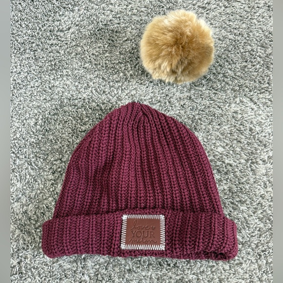 Love Your Melon Fitted Burgundy Knit Beanie with Detachable Faux Fur Pom - Picture 2 of 2
